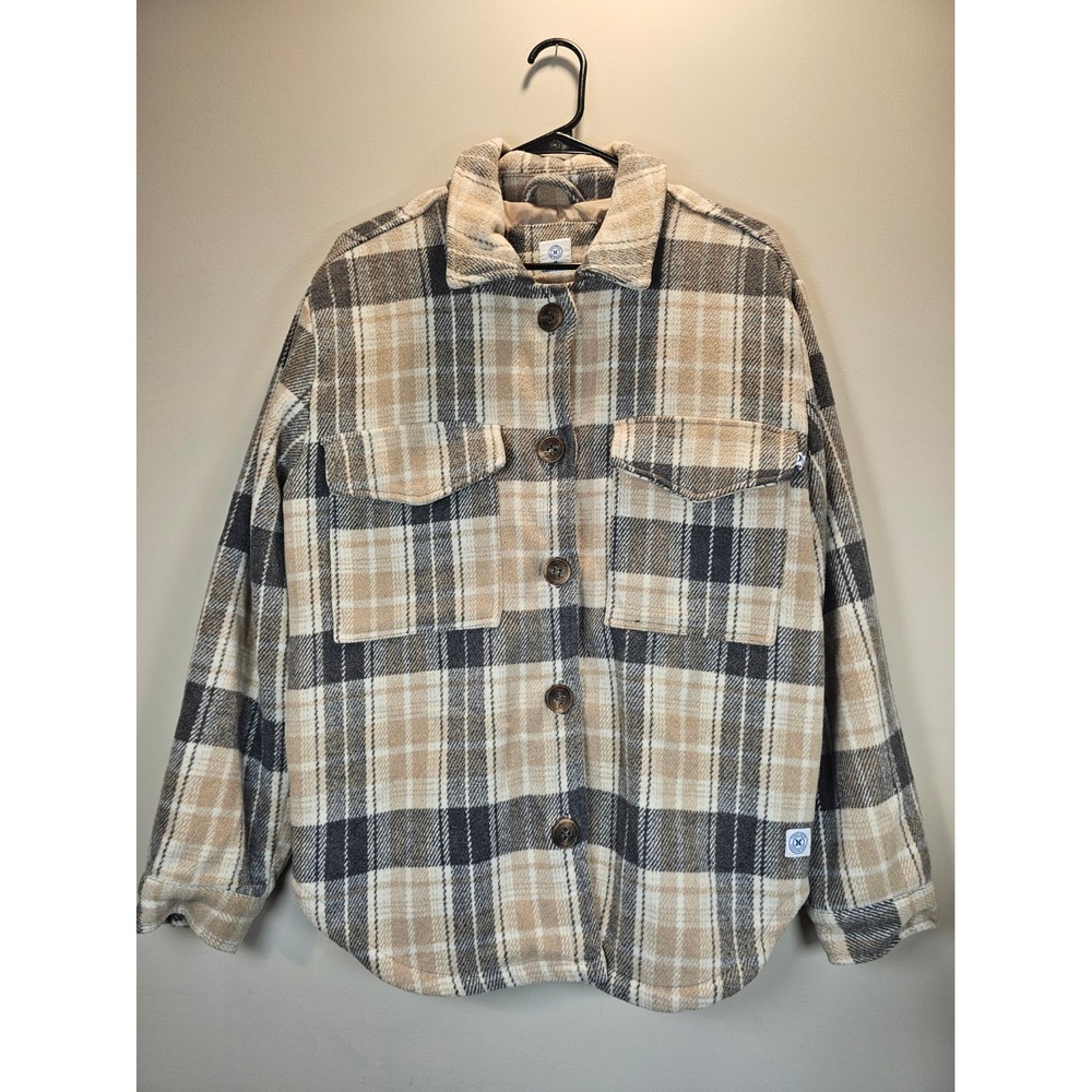 Hurley Plaid Flannel Shirt Jacket Tan Grey Cream Button Down Shacket womens M